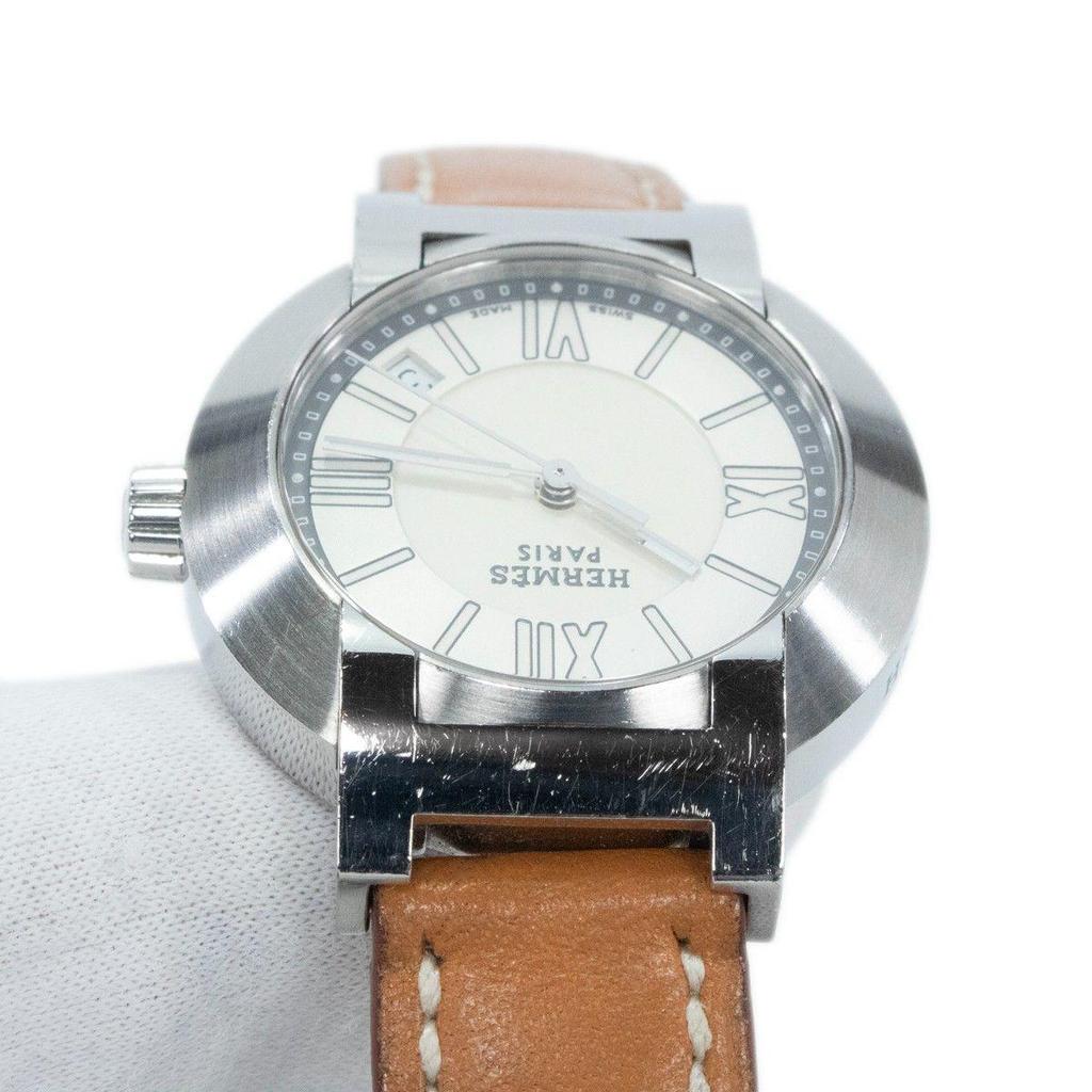 Used Working item Hermes Watch Rechargeable Auto Quartz 3 Hand Ladies Nomade N01.210 White Silver Brown Stylish Beautiful