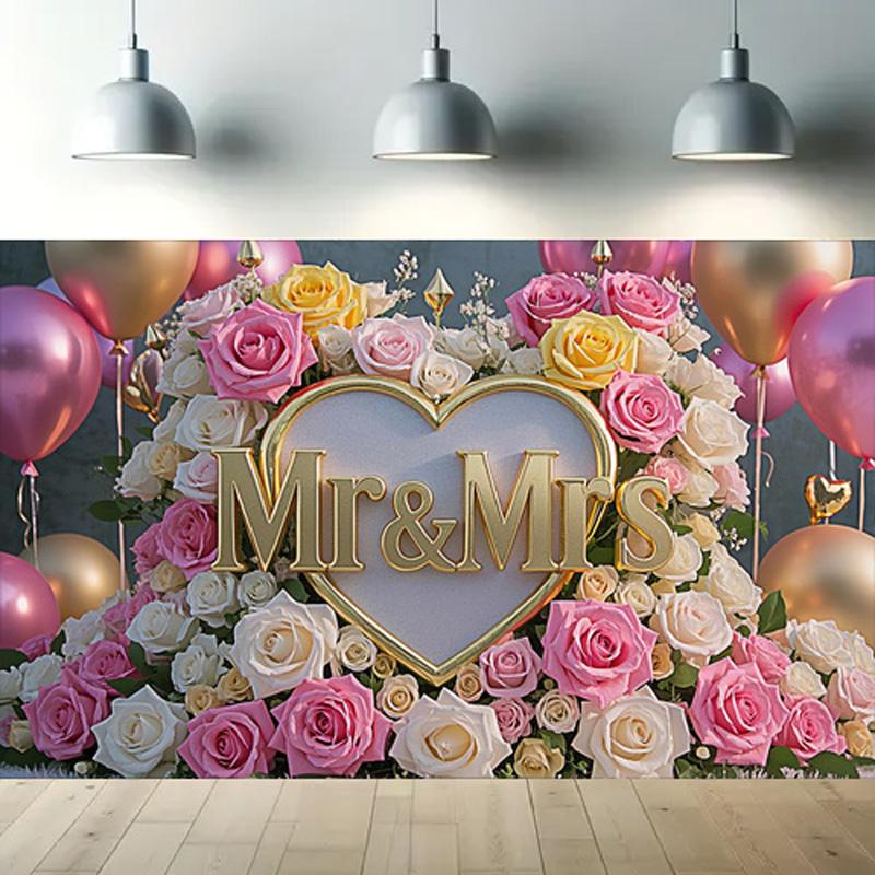 1pc Backdrop with Heart-Shaped Floral Design,Pink&Golden Theme,for Photo Booths,Anniversaries,Weddings,and Festive Decorations,Indoors and Outdoors