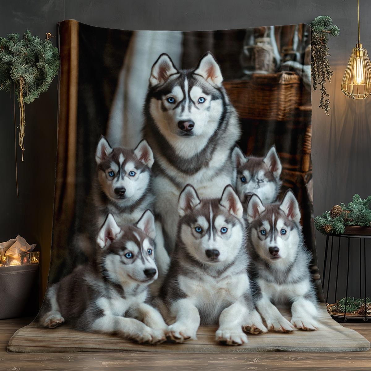 

Husky Dog Family Blanket Cute Puppies Blue Eyes Soft Fleece Throw Pet Lover Gift Home Decor Animal Art 75x100cm
