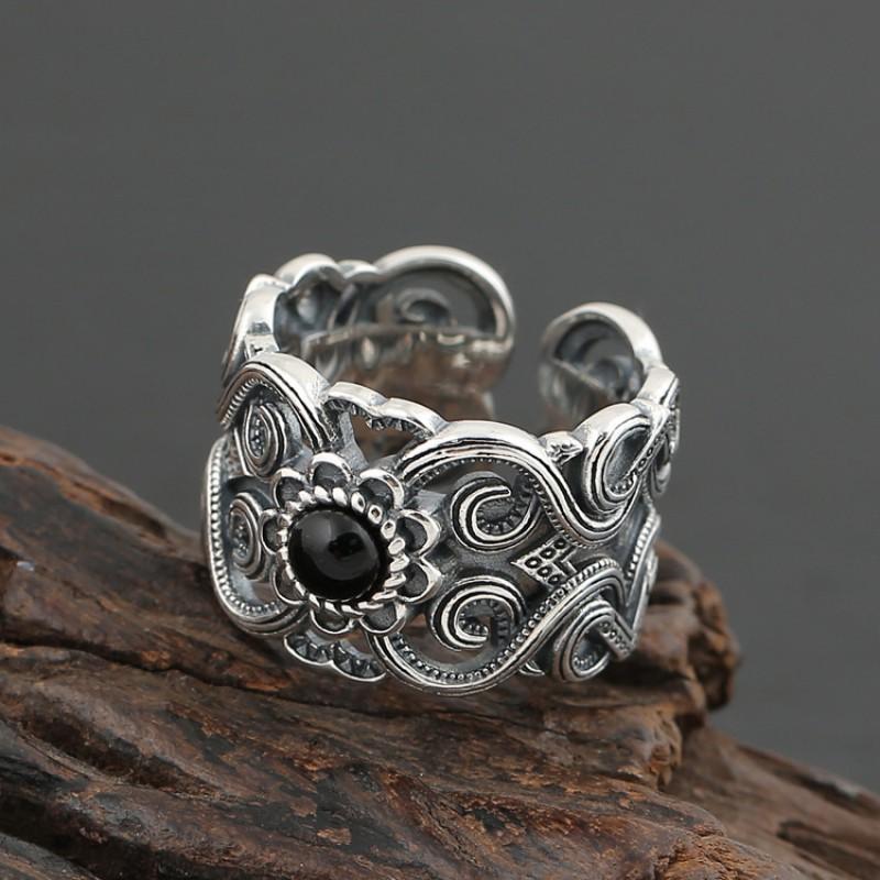 Adjustable Open Ring Men Women Vintage Ethnic Mongolian Sterling Geometric Statement Jewelry