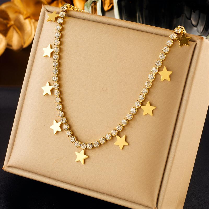 DIEYURO 316L Stainless Steel Star Pentagram Zircon Pendant Necklace Bracelets For Women Girl New Waterproof Choker Jewelry Set