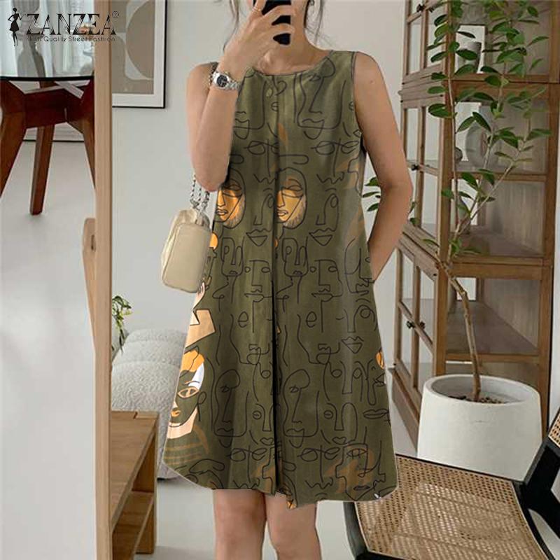 ZANZEA Women Casual Round Neck Summer Sleeveless Print Dress