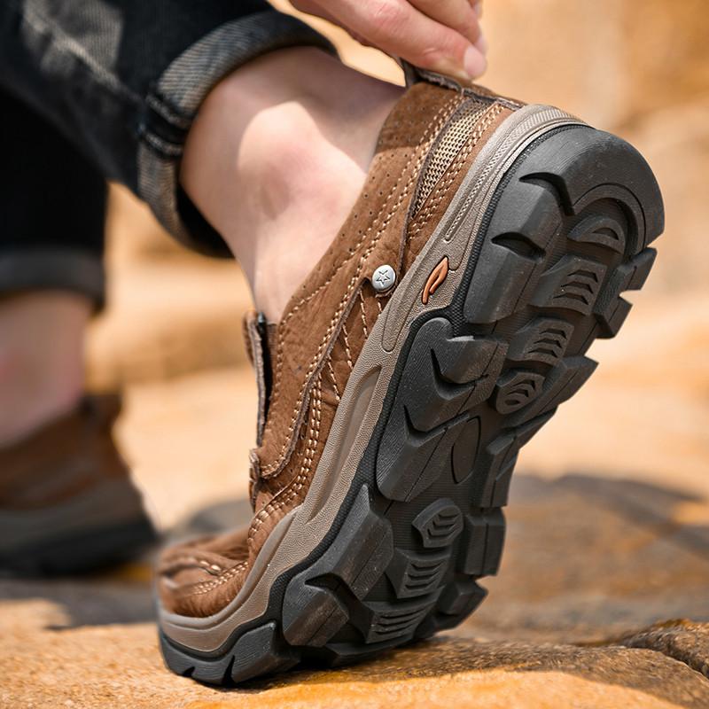 Spring and Autumn Men's Shoes Outdoor Casual Shoes Genuine Leather Middle-Aged Dad Shoes Slip-on Lofter Wear-Resistant Non-Slip Platform Hiking Shoes