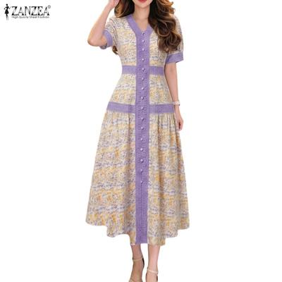 Women Elegant Floral Print Casual V-Neck Lace Splice Summer Short Sleeve Dress