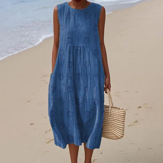 Women's Sleeveless Tank Dress 3D Printed Crew Neck Tunic Dress Casual Beach Vacation Sundress with Pockets