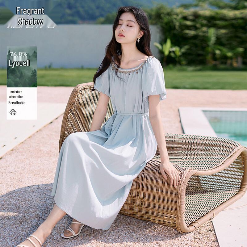 Women s Blue Lyocell Puff Sleeve A-Line Midi Dress M