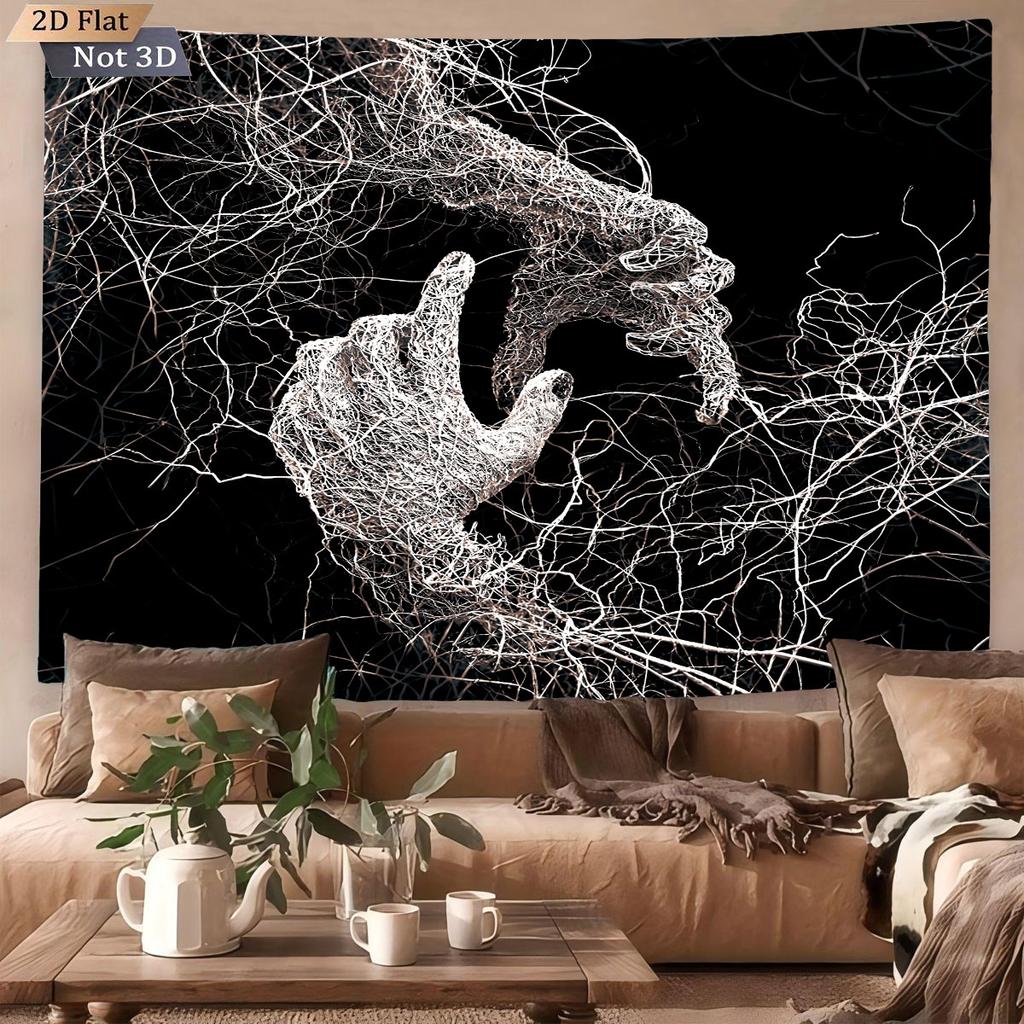 1pc Black And White Line Hand Printed Tapestry, Living Room Wall Art Decoration Background Cloth, Machine Washable Space Pendant