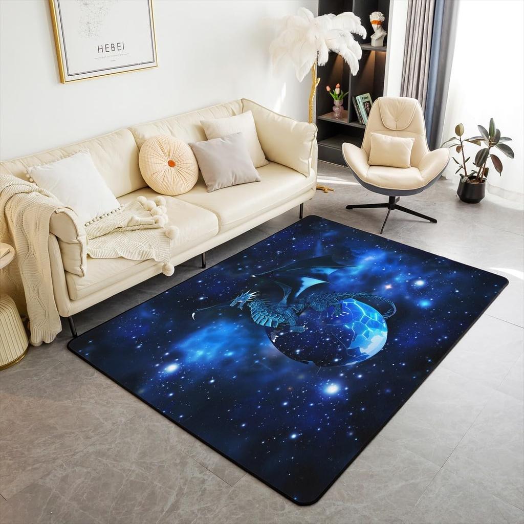 3D Dragon Galaxy Area Rug - Blue Outer Space Carpet for Bedroom & Living Room, Non-Slip Fleece Floor Mat, Fantasy Home Decor