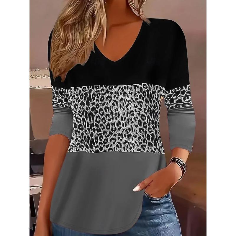 Spring and Autumn V-neck Leopard Color Block Pattern 3D Printed Top Fashionable Casual Long Sleeved Women's T-shirts