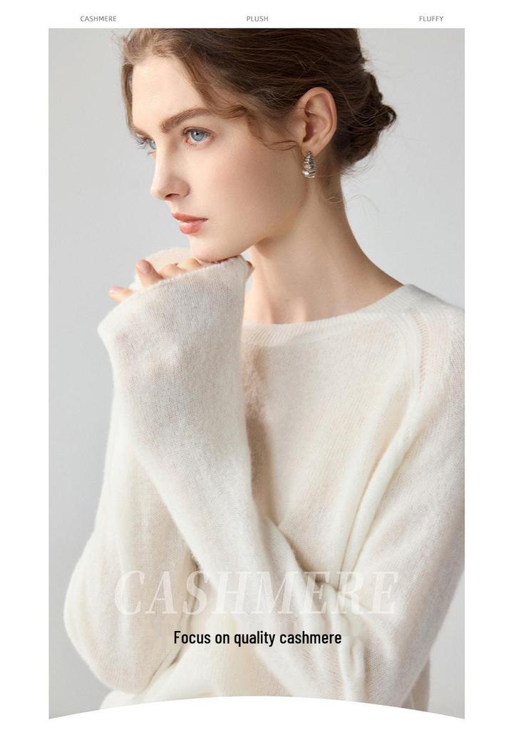 Luxurious Women's 75% Cashmere 25% Mulberry Silk Floral Inlay Round Neck Sweater