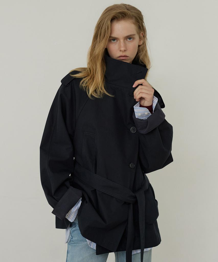 CITYBREEZE High-Neck Belted Half Trench Coat_Dark Navy