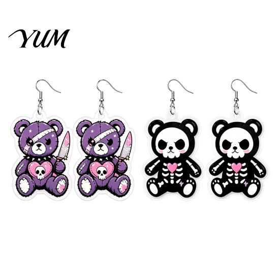 Exaggerated Creative Earrings 1 Pair Halloween Dangle for Women, 2D Acrylic Cute Skull Bear Skeleton Earrings, Funny Party Jewelry Holiday Accessory