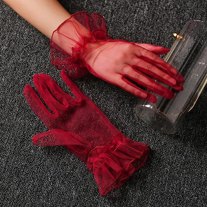 Women Short Tulle Gloves Sexy Lace Mittens Tulle Full Finger Gloves Lady Driving Glove Transparent Mittens Wedding Bridal Gloves