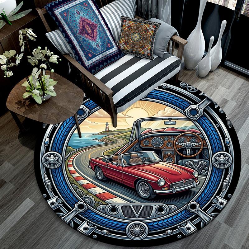Classic Car Coastal Drive Round Area Rug Under Office Chairs Bedroom Living Room Home Decor 80cm x 80cm