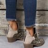 Round head high heel short boots women's autumn and winter leopard print thick heel pleated large size Martin boots rear zipper and bare boots