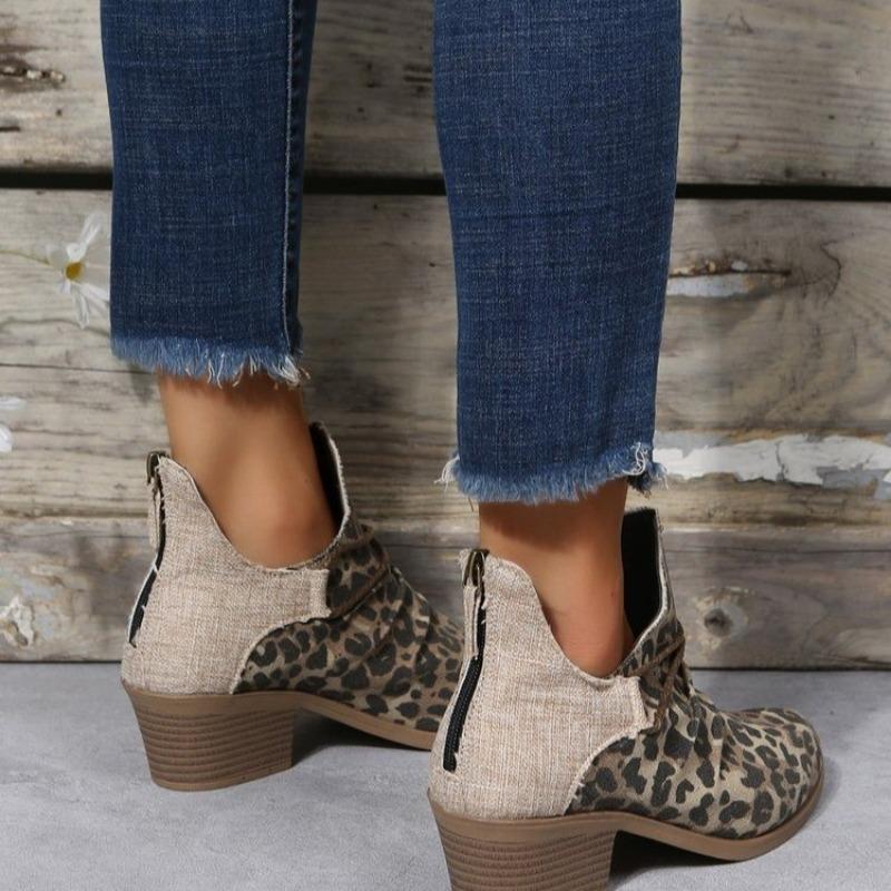 Round head high heel short boots women's autumn and winter leopard print thick heel pleated large size Martin boots rear zipper and bare boots