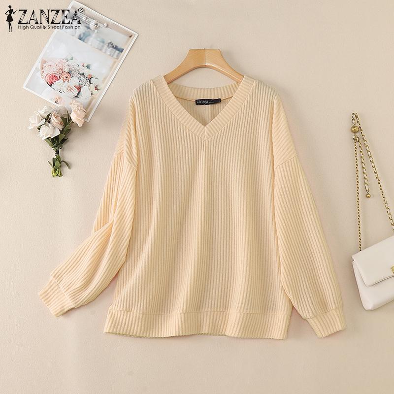 ZANZEA Lässige, einfarbige Bluse mit langen Ärmeln und V-Ausschnitt für Damen