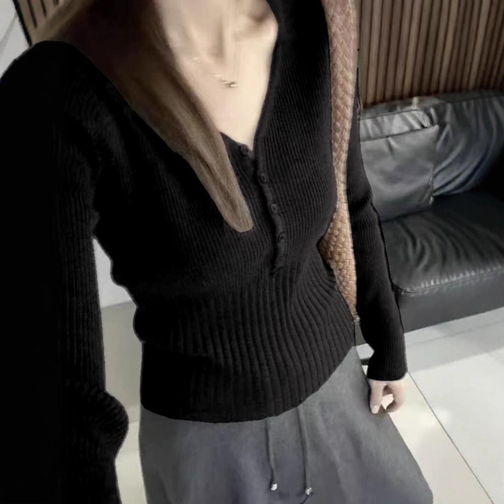 Korean Gray V-neck Knitted Bottoming Shirt for Women's Inner Wear Autumn and Winter 1116 New Soft Waxy Waist and Thin Long-sleeved Top