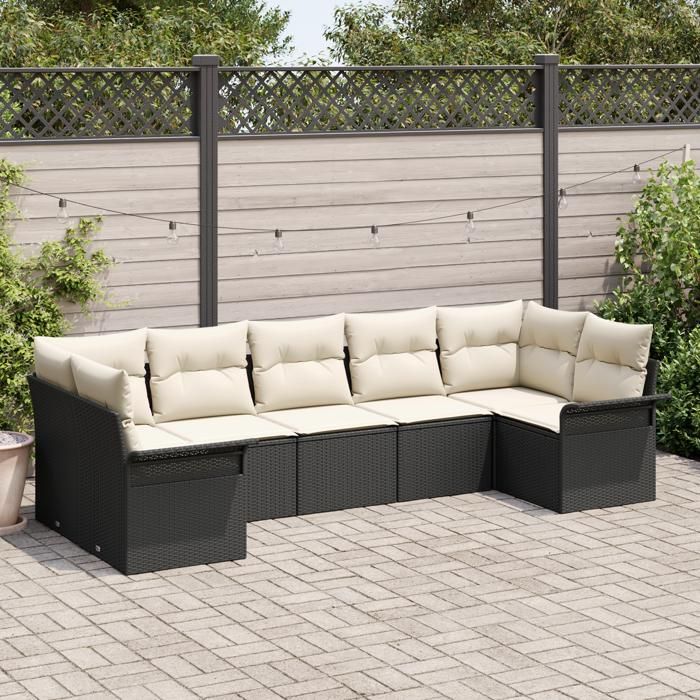Ensemble de canapé de jardin de 7 pièces avec coussins en poly rattan noir, Canapé de jardin deux places avec rangement 3354176