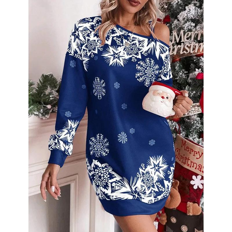 Winter Long Sleeve Loose Print Christmas Party Dress Women Elegant Skew Collar Red Casual Dresses Women Vintage Fashion Thin Sexy Short Dress 25873