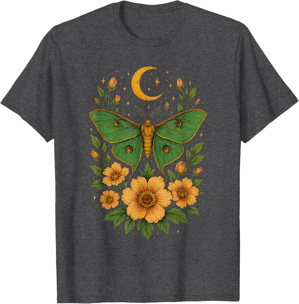 Luna Moth Celestial Garden Graphic Tee Men's Casual Cotton Print Round Neck T-Shirt