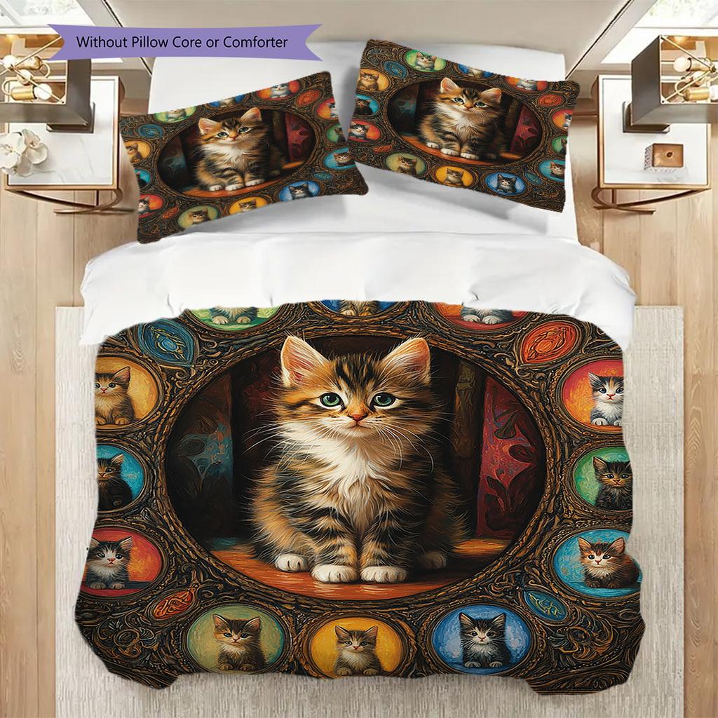 Tabby Cat Pattern Bedding Quilt Set Quilt Cover Pillowcase Home Decoration Birthday Gift (1 * duvet cover + 2 * pillowcase, without core)