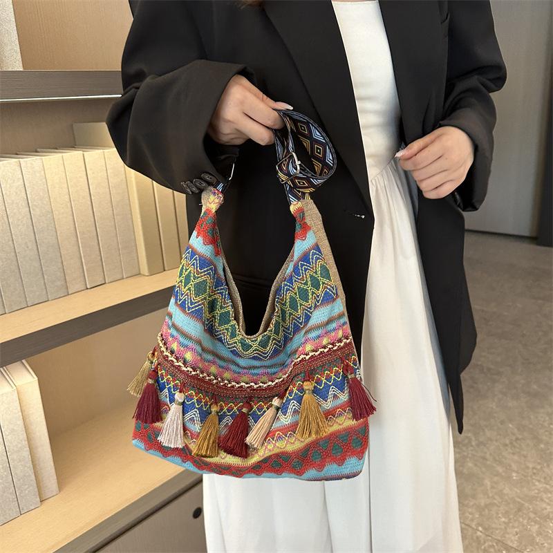 Female Shoulder Messenger Bag Trend Bag Simple Zipper Handbags Ethnic Style Canvas Small Shoulder Bag 2024 Woven Beach Tote