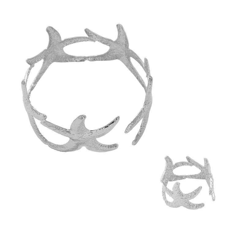 Stylish Alloy Starfish Bracelet and Ring Set Adjustable Opening Jewelry Unique Finger Rings for Multifuntional Wear серебряный