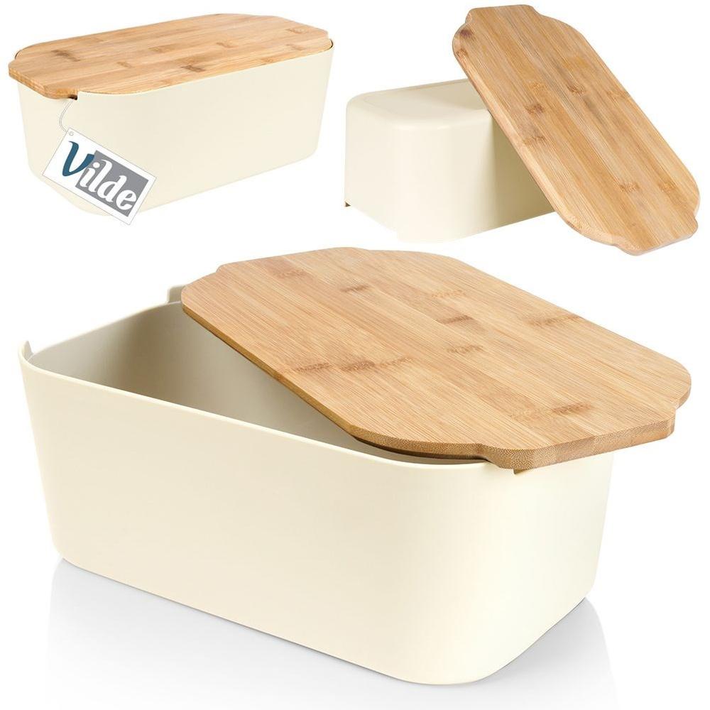 Cream Bread Box with Bamboo Board 33x18.5x12 Cm