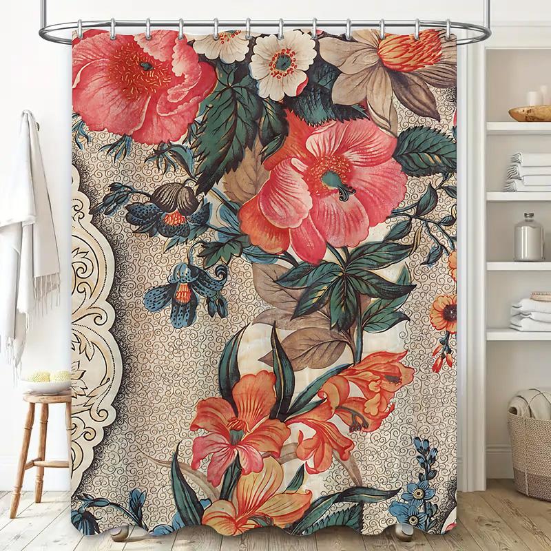 Vintage Floral Shower Curtain with Artistic Design Pink Red Orange Green Black White Boho Decor Bathroom Accessories for Home De