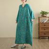 DIMANAF 2025 Women Plus Size Spring Long Dress Loose V-Neck Printing Vintage Casual Floral Oversize Long Sleeve 5033