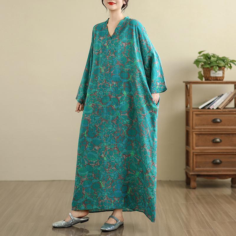 DIMANAF 2025 Women Plus Size Spring Long Dress Loose V-Neck Printing Vintage Casual Floral Oversize Long Sleeve 5033