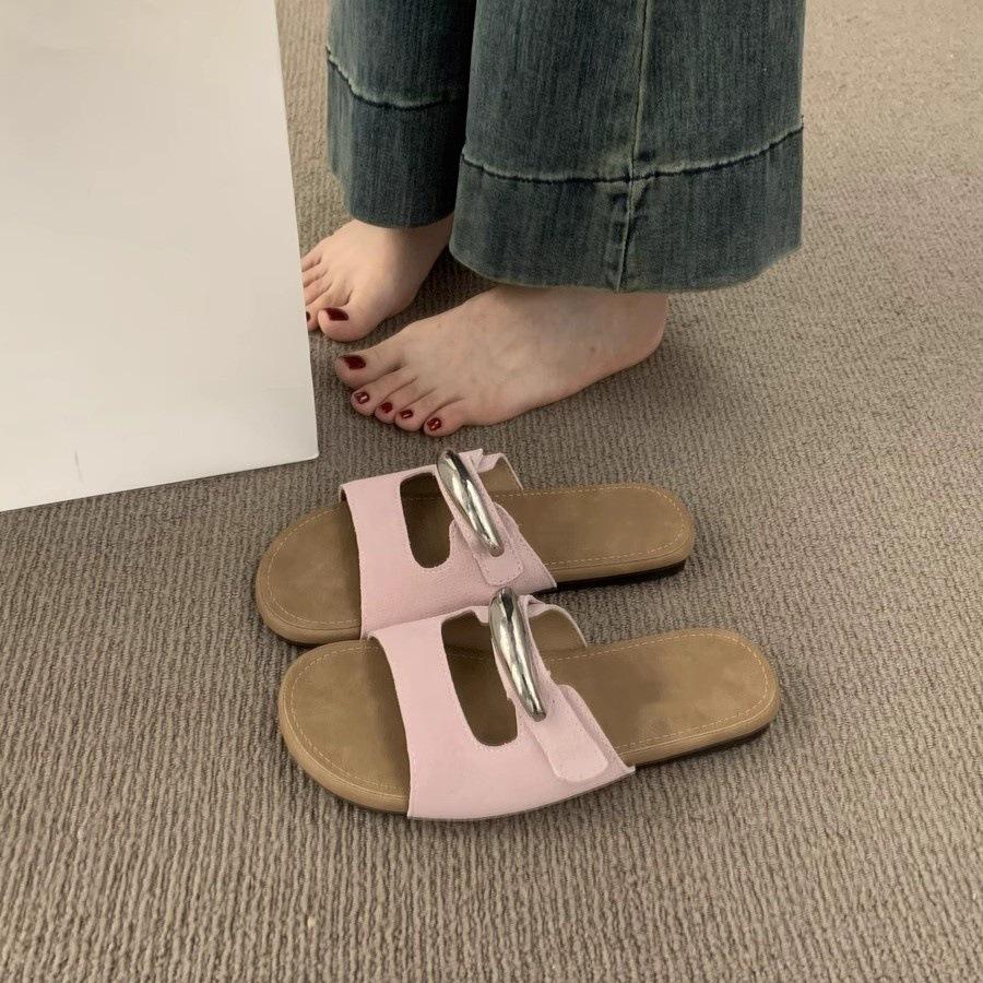 Metal Buckle with Open-toed Round Head Slippers for Women's Summer Wear Versatile and Not Tired Feet Flat-bottomed Dopamine Beach Sandals
