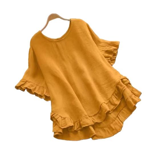 Women Tops Round Neck Short Sleeve Loose Fit Pullover Tops Pure Color Ruffle Hem