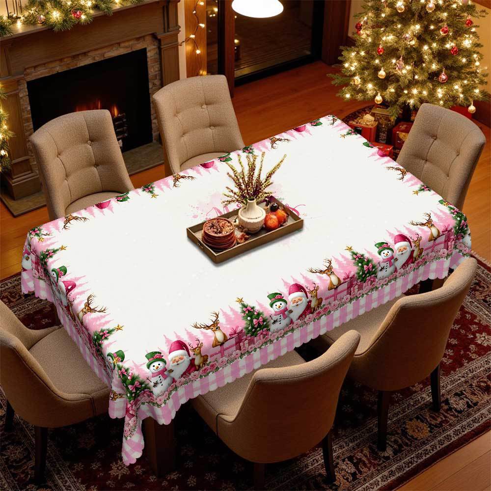 Pink Girl Christmas Table Cloth, Snowman Reindeer Gift Plaid Tablecloth, Pink Rose Lace Table Cloth