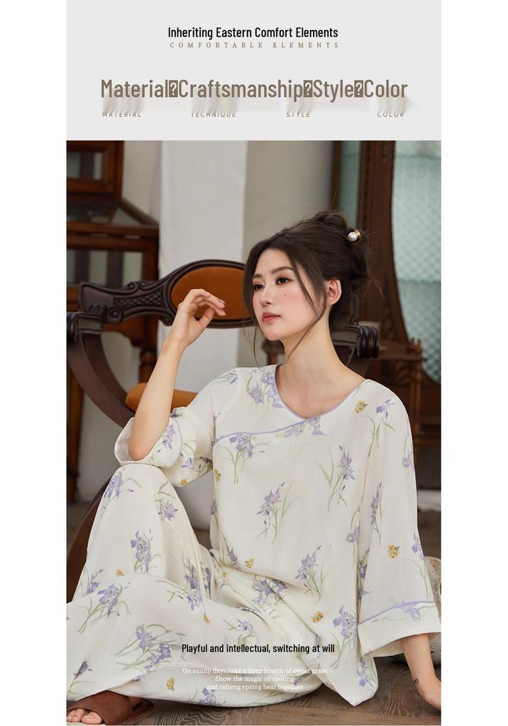 Damen-Bambus-Baumwoll-Pyjama - Neunärmeliges Set im chinesischen Stil für Frühling/Sommer