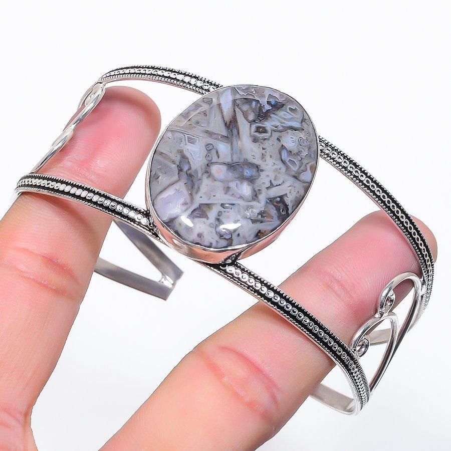 

Natural Tube Agate Gemstone 925 Sterling Silver Cuff Bangle Adjustable c1c11