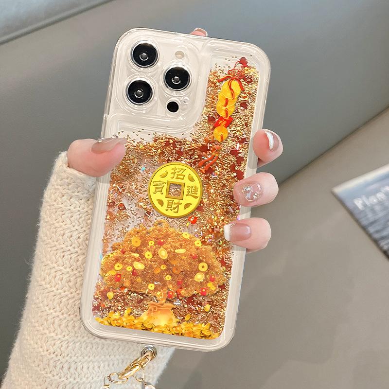 Suitable for Apple 15pro Sand-flowing Phone Case with 16 Fine Holes, Anti-drop 14/13 New Year Transparent 12