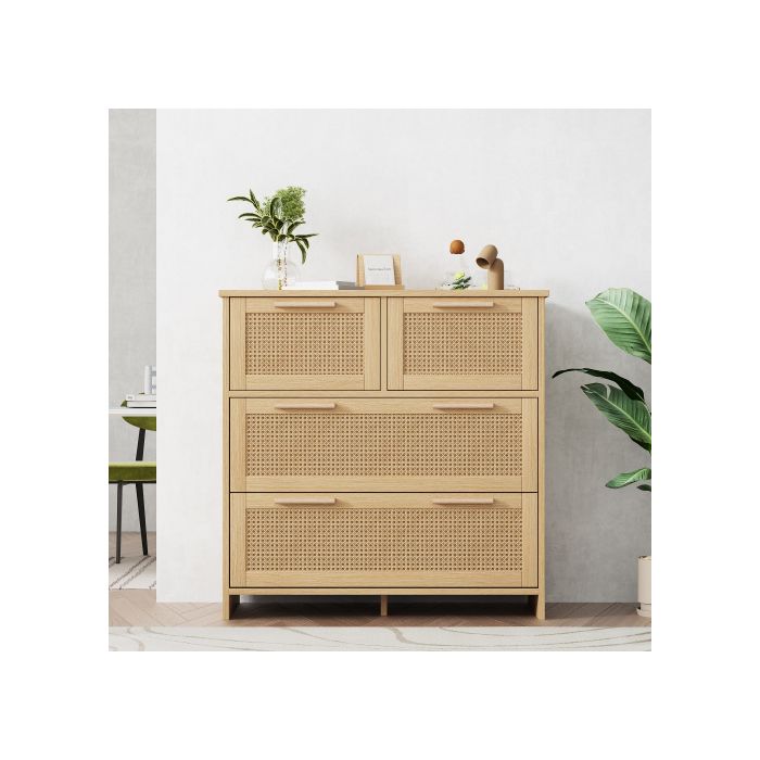 Armoire En Rotin De Haute Qualité À 4 Tiroirs Avec Poignées En Bois Massif Dimensions L80/H80/T38 Cm