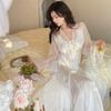 New sexy pajamas women's ice silk summer lace long dress French fairy style can be worn outside loungewear
