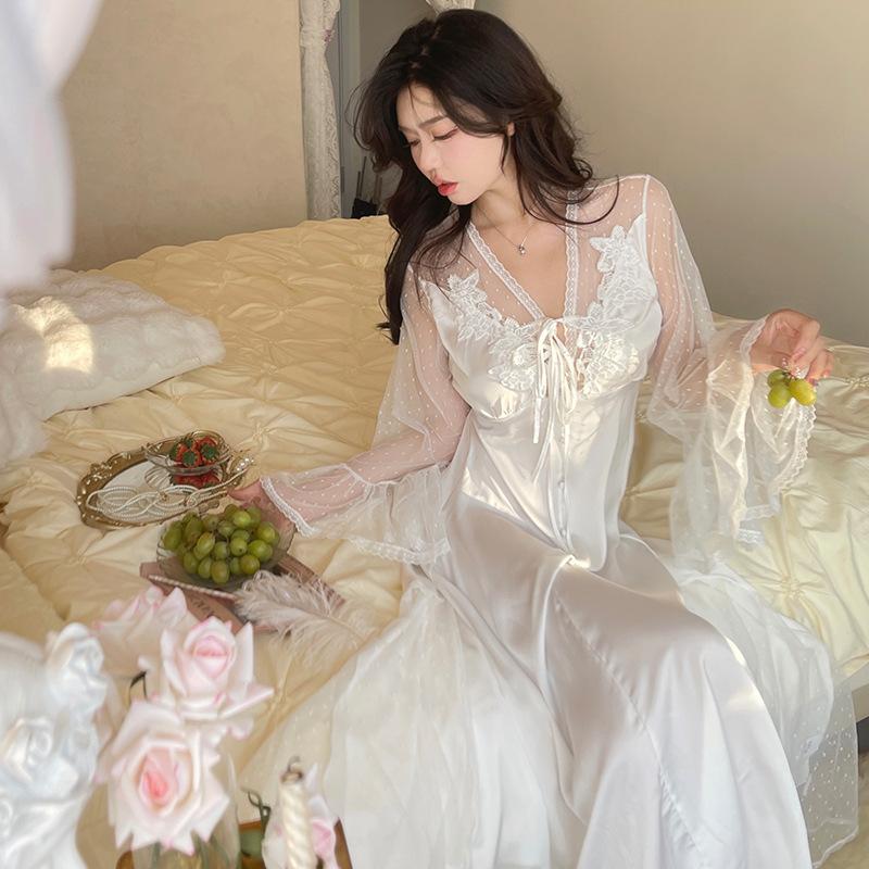 New sexy pajamas women's ice silk summer lace long dress French fairy style can be worn outside loungewear