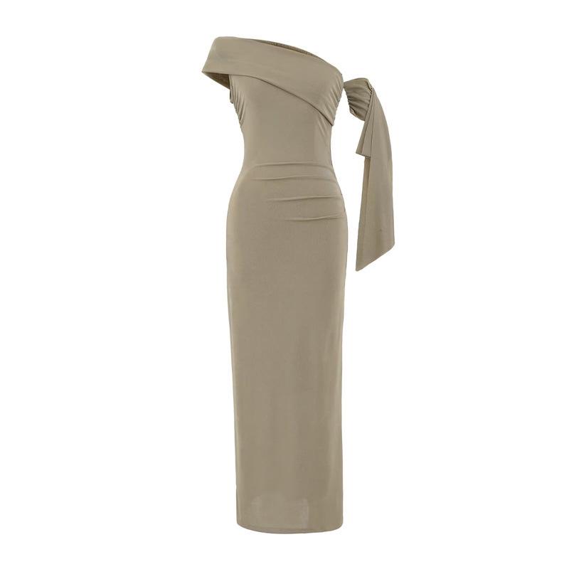 Elegant One-Shoulder Tie-Up Waist Midi Bodycon Dress Large