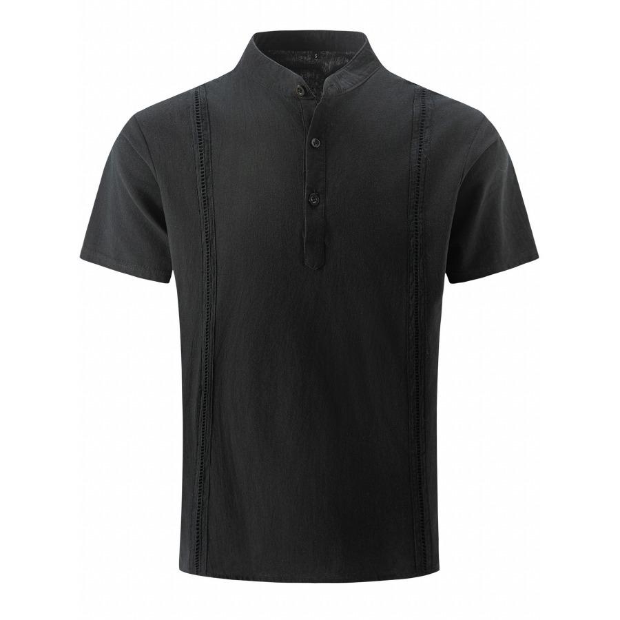 Hallow Stripe Cotton Shirts Mens Vacation Solid Buttons Stand Collar Short Sleeve Shirt Casual Men White Blue Men Clothes