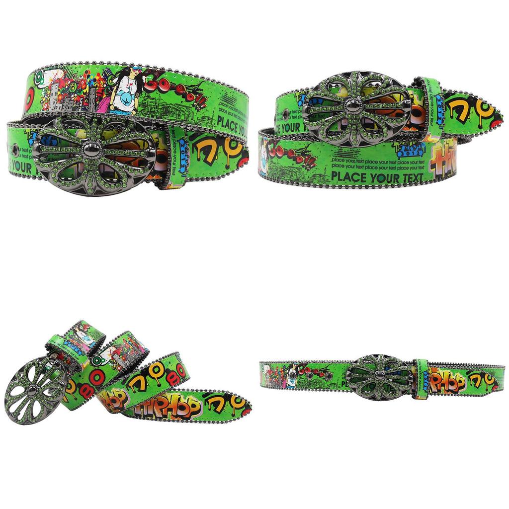 Croatian Rhinestone Graffiti Leather Y2K Belt: Versatile European & American Style