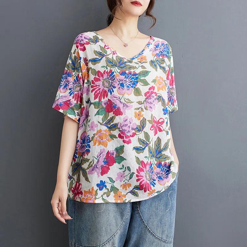 T-shirt damski letni duży rozmiar bawełniany T-shirt miękki luźny z nadrukiem casualowy wygodny wkładany T-shirt top