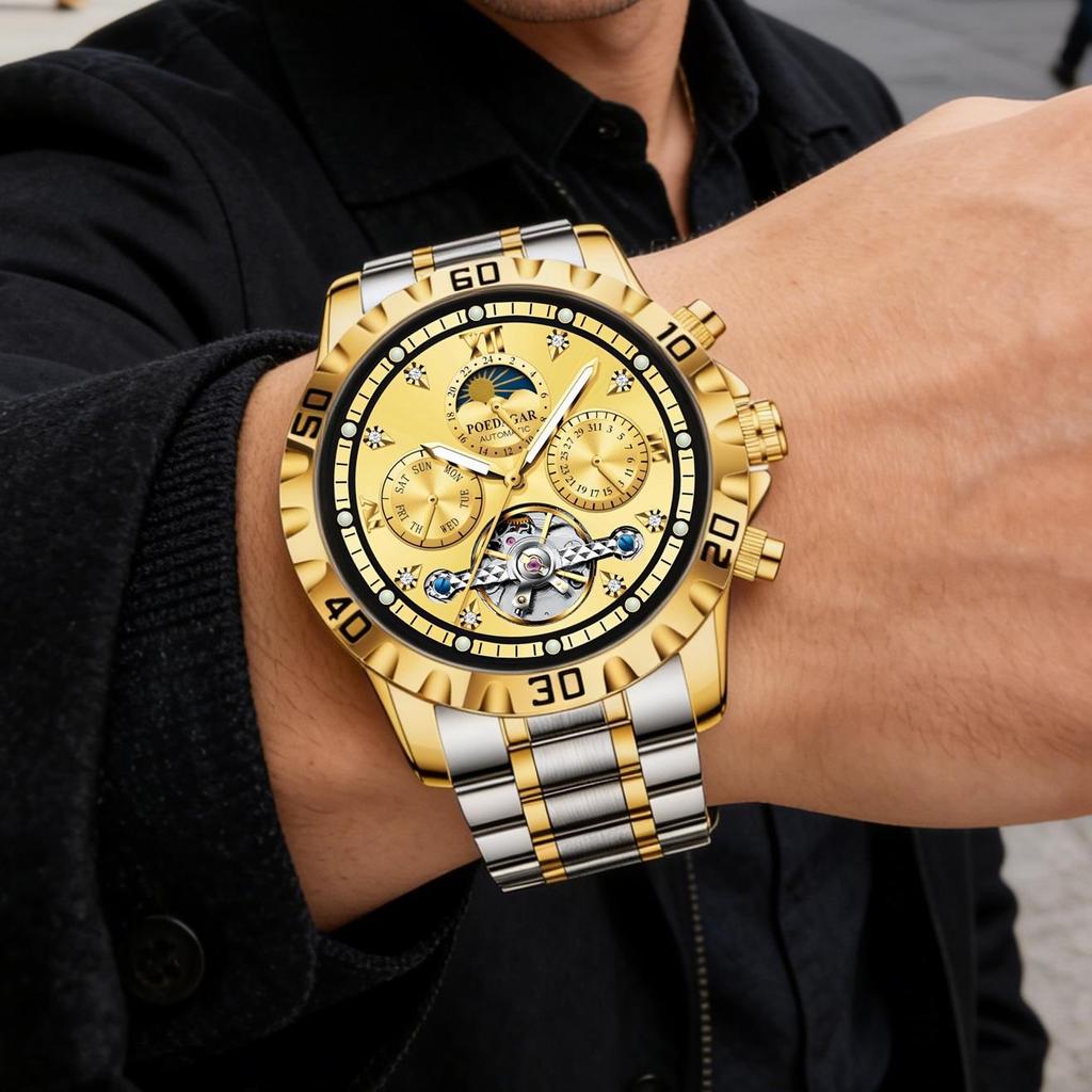 POEDAGAR Fashion Luxury Men Watch Automatic Date Week Man Wristwatch Hollow Tourbillon Mechanical Stainless Steel Men's Watches