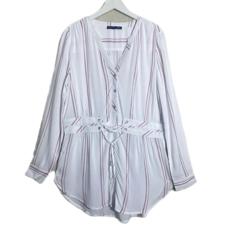 Export Fashion Original Single Rayon V Neck Stripes Half Open Long Sleeves Pullover Shirt Women's Shoelace Waist-Tight Mid Length Long Length