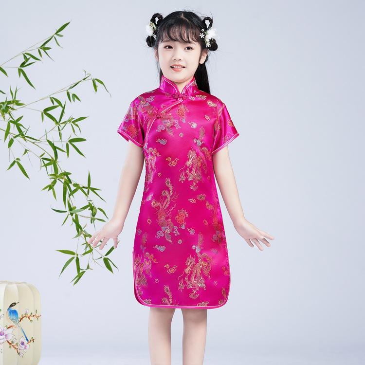 Chinese Style Girls Cheongsam Dress Brocade Summer Retro Button Stand Collar Stage Performance