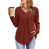 Women's V Neck Ribbed Knit Long Sleeve Tunic Top Pleated Front Curved Hem Casual Fall Blouse
