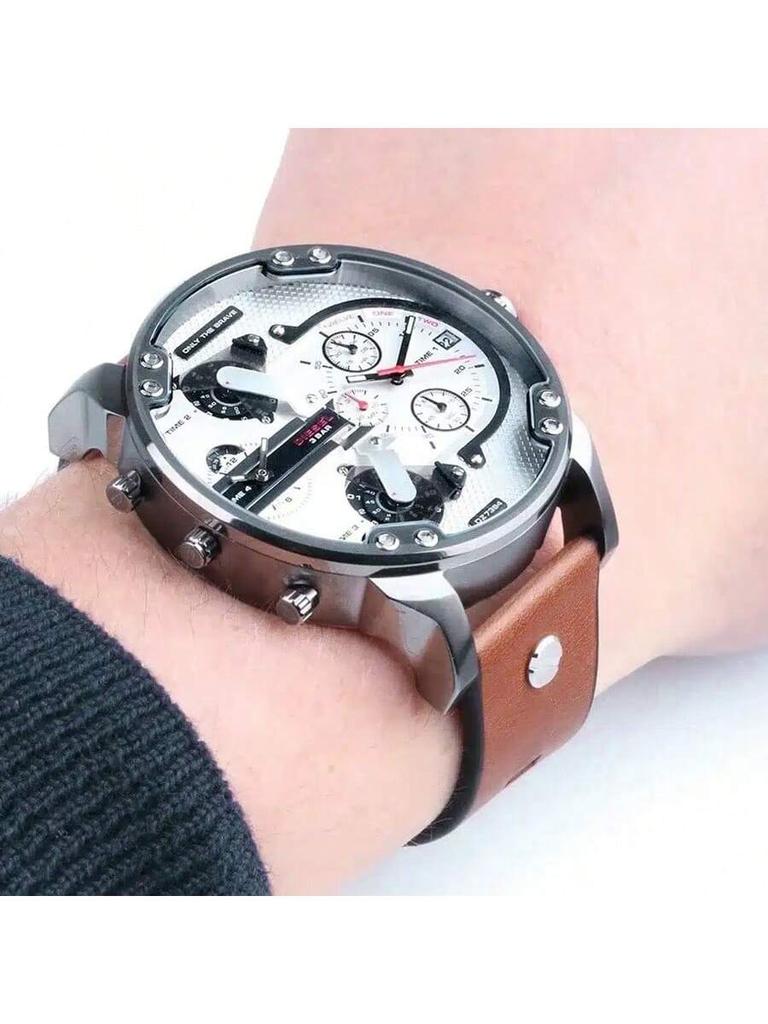 Diesel Oversized 57mm Four-Time Zone Chronograph for Men – Leather Strap Watch, Perfect for Business Travel, Date Night & Street Edge – DZ7394